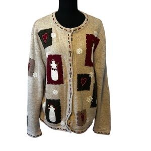 Festive Winter Beige Cardigan with Green and Red Snowmen